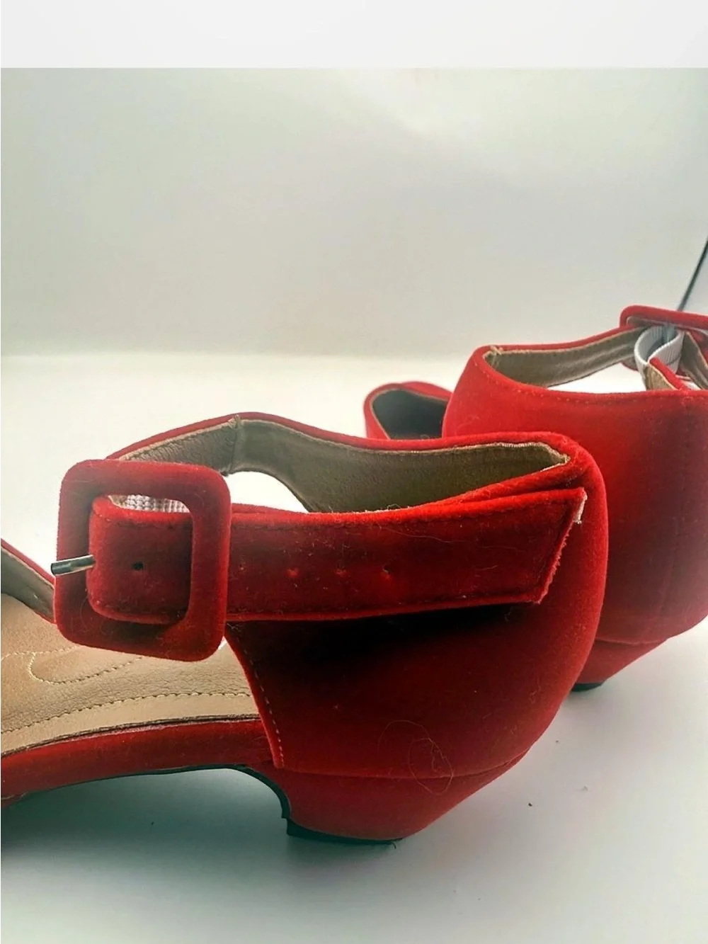Amazon Red Suede Low Block Heel Ankle-Strap Pumps